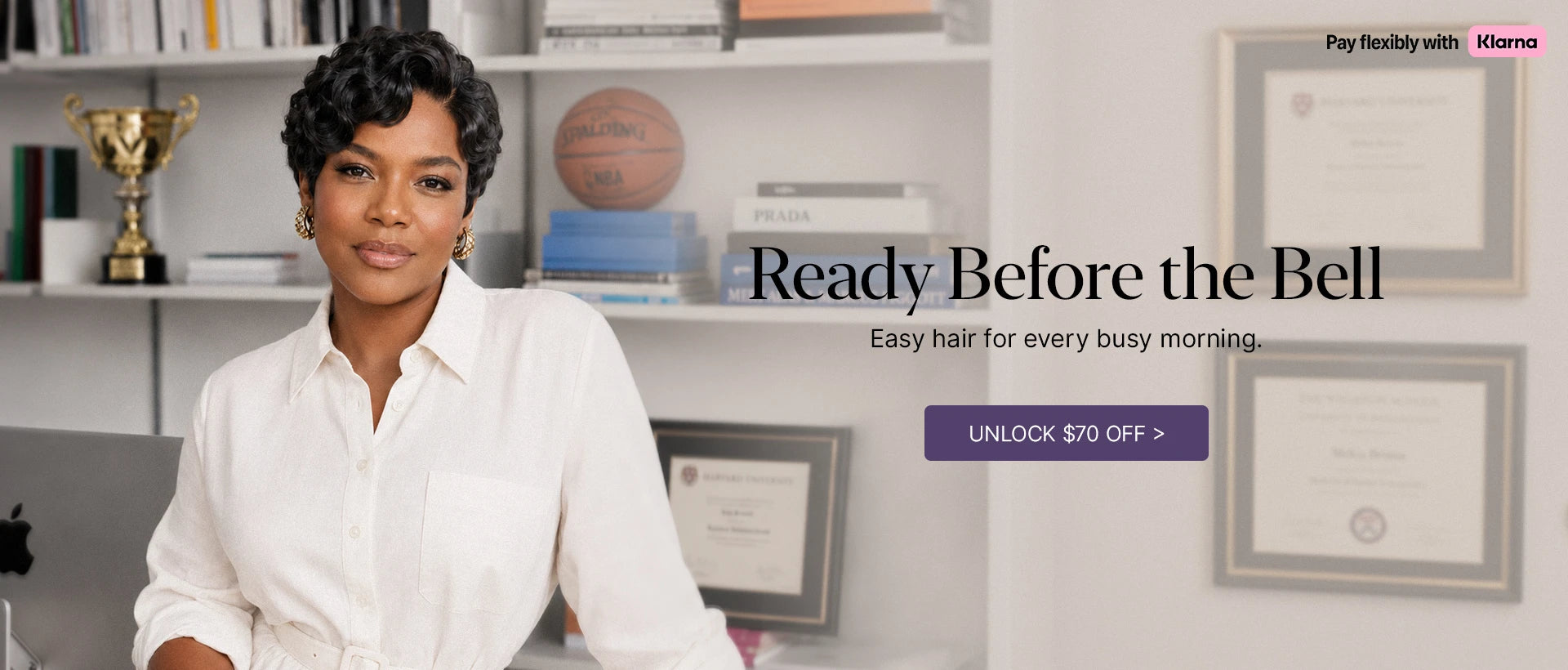 Model wearing a long glueless human hair wig styled with a natural hairline
